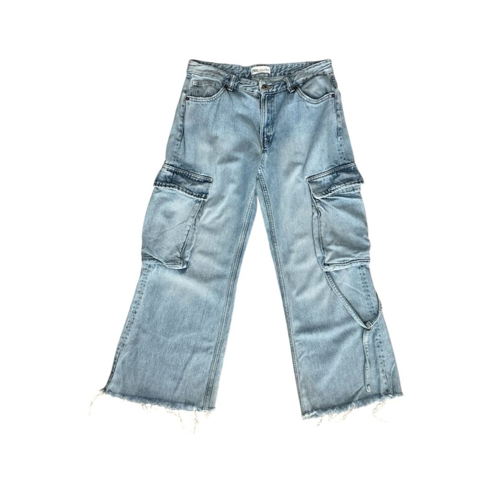 Zara Light Wash Cargo Wide Leg Jeans Size 6